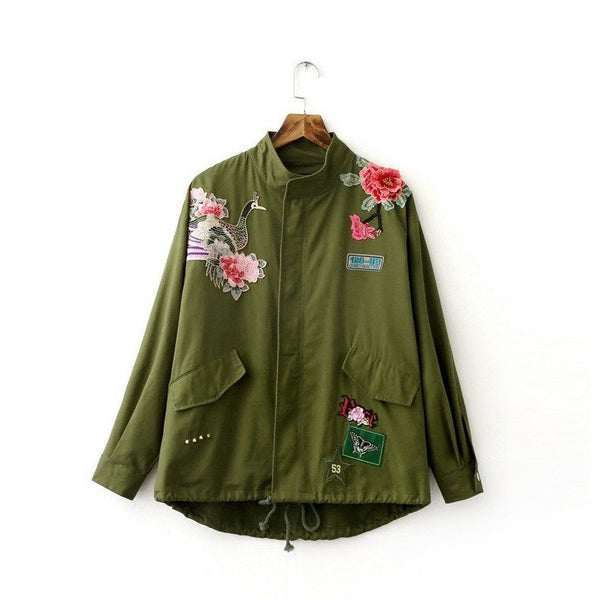 Army Green Floral Embroidery Bomber Jacket-Bohemian Brunch