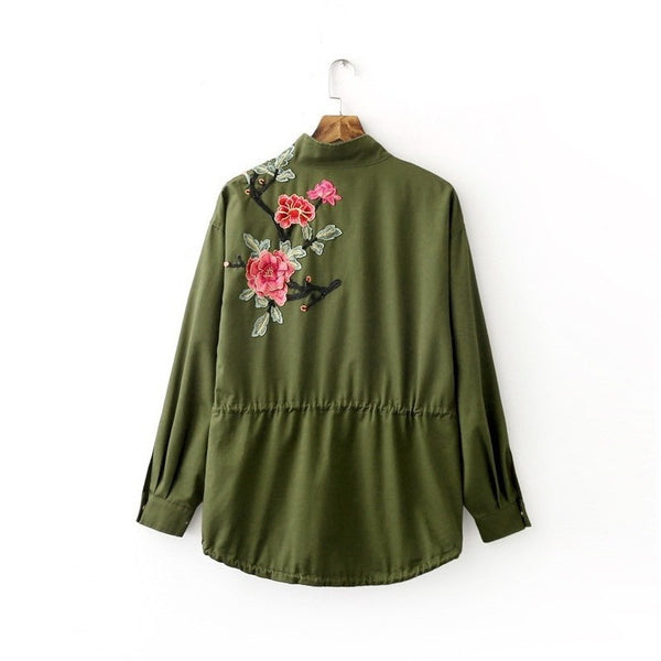 Army Green Floral Embroidery Bomber Jacket-Bohemian Brunch