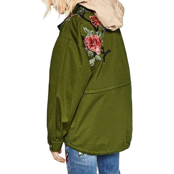 Army Green Floral Embroidery Bomber Jacket-Bohemian Brunch