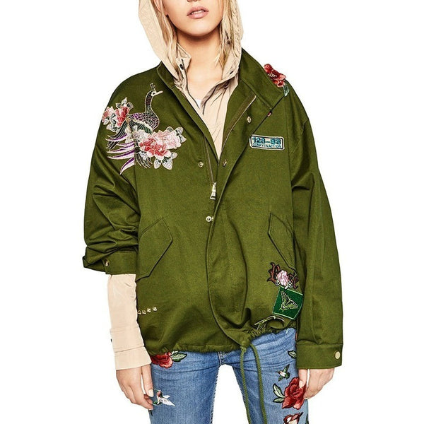 Army Green Floral Embroidery Bomber Jacket-Bohemian Brunch