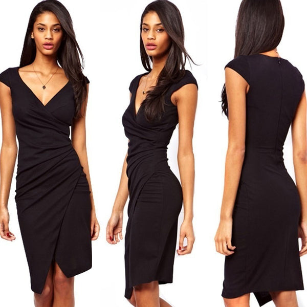 Black Elegant Wrap Pencil Dress Plus Sizes-Bohemian Brunch