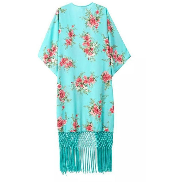 Blue Floral Print Beach Dress Kaftan Style Cover UP-Bohemian Brunch