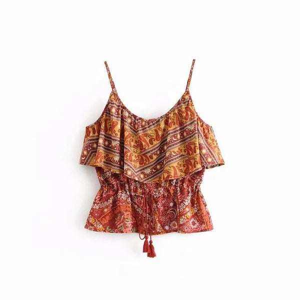 Bohemian Floral Print Ruffle Cotton Crop Tops and Pants Sets-Bohemian Brunch