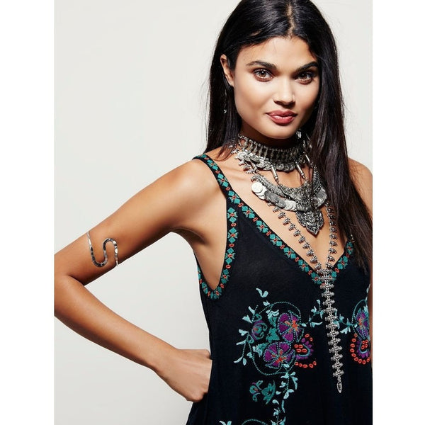 Bohemian Print Sleeveless Embroidery Mini Dress-Bohemian Brunch