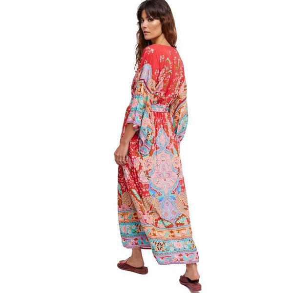 Bohemian Red Floral Printed Boho Kimono Dress-Bohemian Brunch