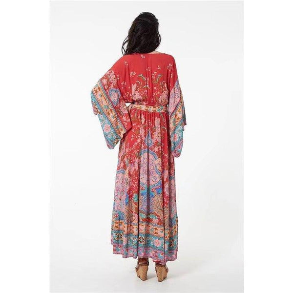 Bohemian Red Floral Printed Boho Kimono Dress-Bohemian Brunch