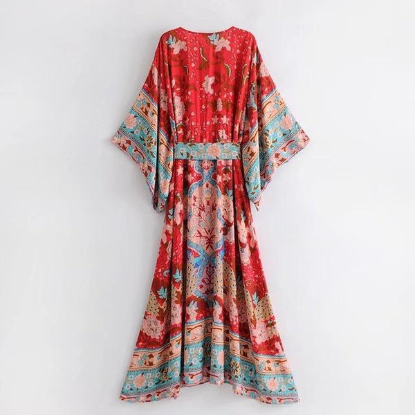 Bohemian Red Floral Printed Boho Kimono Dress-Bohemian Brunch