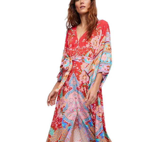 Bohemian Red Floral Printed Boho Kimono Dress-Bohemian Brunch