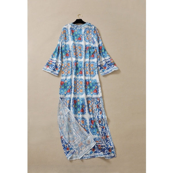 Boho Beach Beaded Floral Print Maxi Long Kaftan Dress-Bohemian Brunch