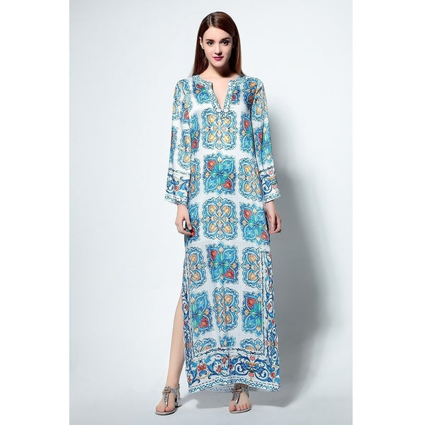 Boho Beach Beaded Floral Print Maxi Long Kaftan Dress-Bohemian Brunch