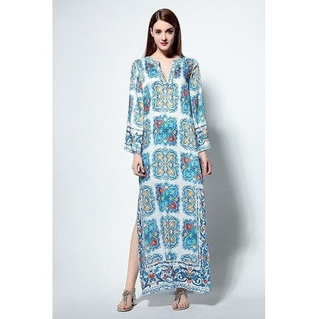 Boho Beach Beaded Floral Print Maxi Long Kaftan Dress-Bohemian Brunch