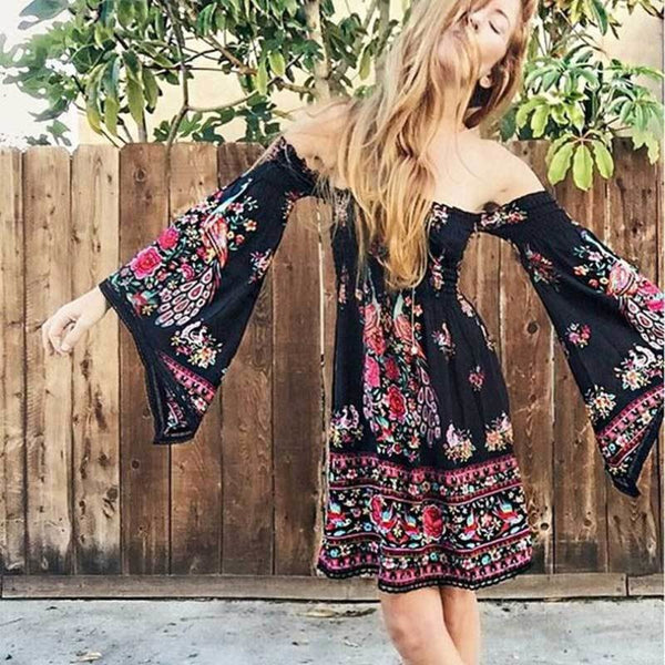 Boho Bell Sleeves Off Shoulder Island Summer Dress-Bohemian Brunch