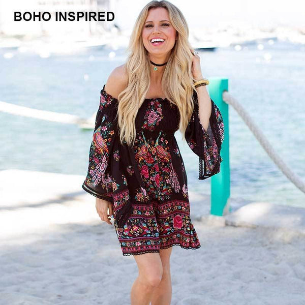 Boho Bell Sleeves Off Shoulder Island Summer Dress-Bohemian Brunch