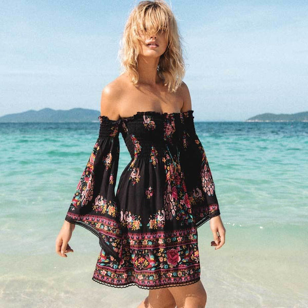 Boho Bell Sleeves Off Shoulder Island Summer Dress-Bohemian Brunch