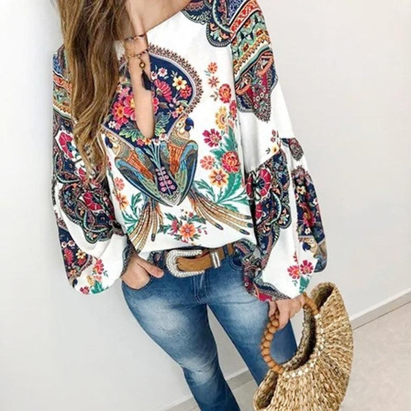 Boho Blouse Floral Print Lantern Sleeve Shirt Plus sizes-Bohemian Brunch