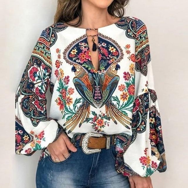 Boho Blouse Floral Print Lantern Sleeve Shirt Plus sizes-Bohemian Brunch