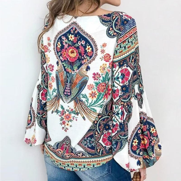 Boho Blouse Floral Print Lantern Sleeve Shirt Plus sizes-Bohemian Brunch