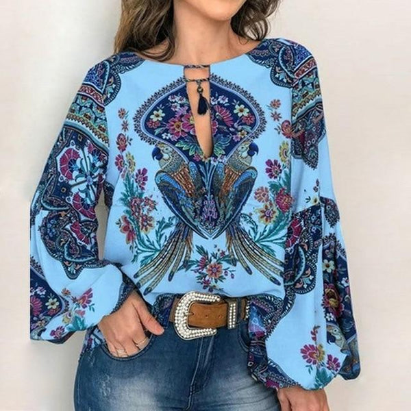 Boho Blouse Floral Print Lantern Sleeve Shirt Plus sizes-Bohemian Brunch