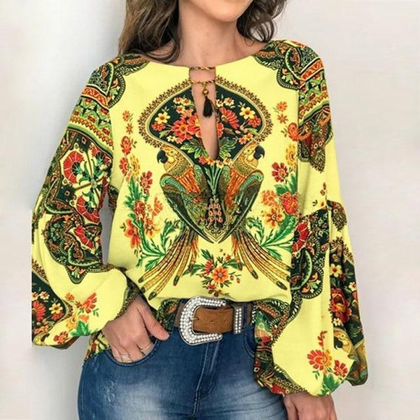 Boho Blouse Floral Print Lantern Sleeve Shirt Plus sizes-Bohemian Brunch