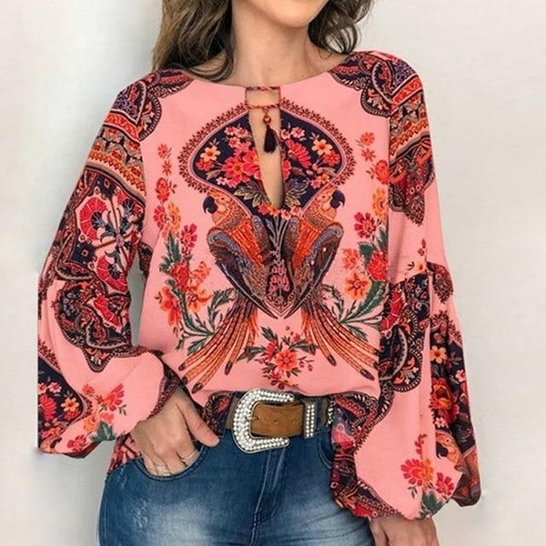 Boho Blouse Floral Print Lantern Sleeve Shirt Plus sizes-Bohemian Brunch