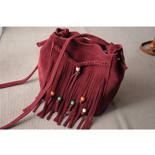 Boho Chic Leather Tassel Beaded Bucket Bag-Bohemian Brunch