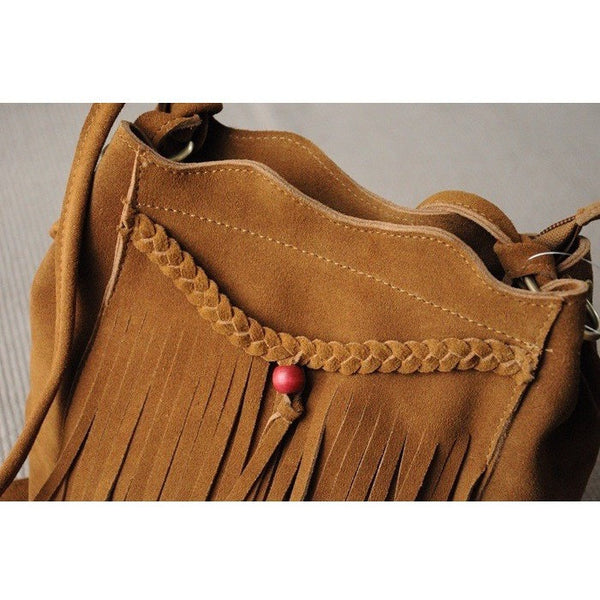 Boho Chic Leather Tassel Beaded Bucket Bag-Bohemian Brunch