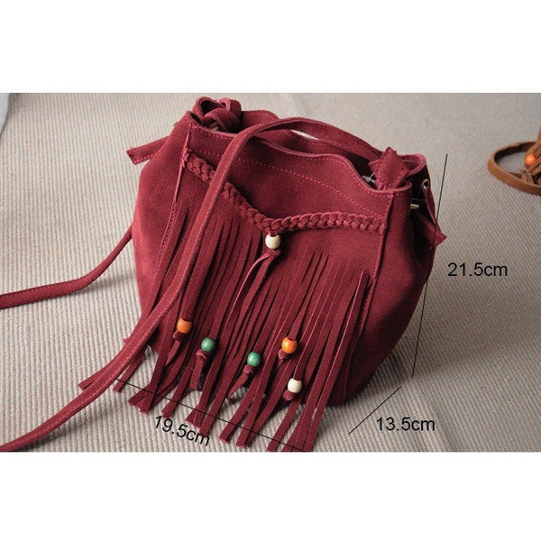 Boho Chic Leather Tassel Beaded Bucket Bag-Bohemian Brunch