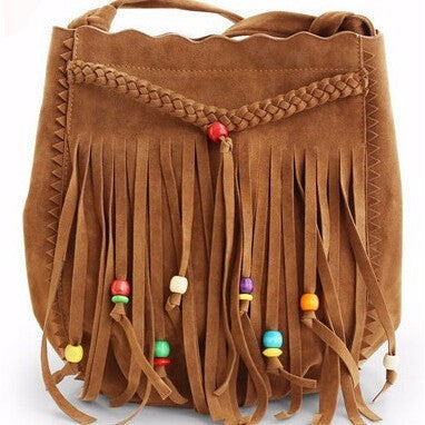 Boho Chic Leather Tassel Beaded Bucket Bag-Bohemian Brunch