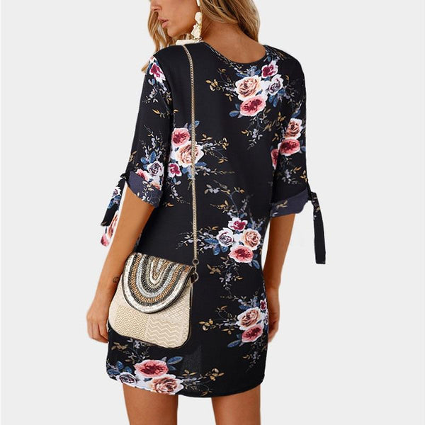 Boho Chiffon Elegant Floral Print Loose Tunic Sleeve Dress Plus Sizes-Bohemian Brunch