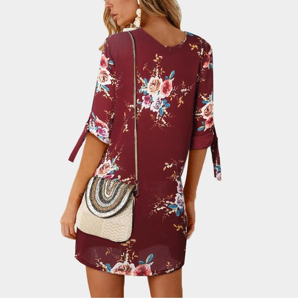 Boho Chiffon Elegant Floral Print Loose Tunic Sleeve Dress Plus Sizes-Bohemian Brunch