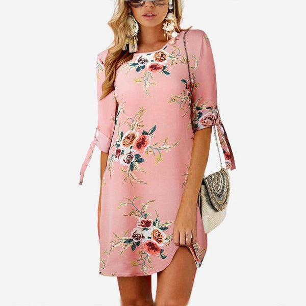 Boho Chiffon Elegant Floral Print Loose Tunic Sleeve Dress Plus Sizes-Bohemian Brunch