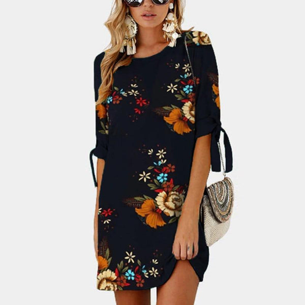 Boho Chiffon Elegant Floral Print Loose Tunic Sleeve Dress Plus Sizes-Bohemian Brunch