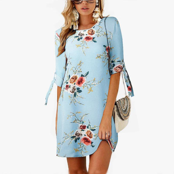 Boho Chiffon Elegant Floral Print Loose Tunic Sleeve Dress Plus Sizes-Bohemian Brunch