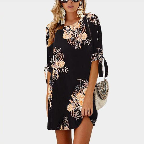 Boho Chiffon Elegant Floral Print Loose Tunic Sleeve Dress Plus Sizes-Bohemian Brunch