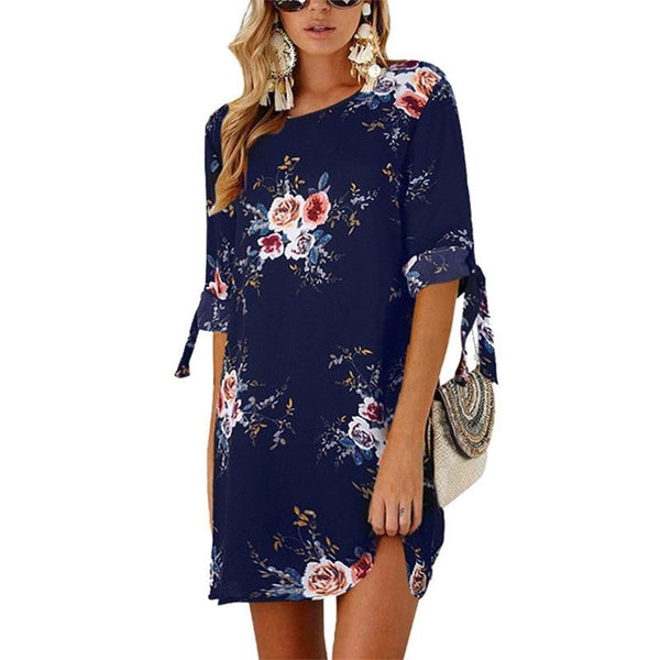 Boho Chiffon Elegant Floral Print Loose Tunic Sleeve Dress Plus Sizes-Bohemian Brunch