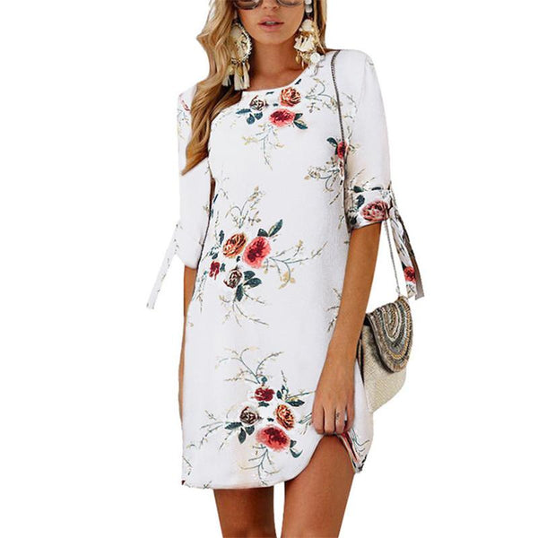 Boho Chiffon Elegant Floral Print Loose Tunic Sleeve Dress Plus Sizes-Bohemian Brunch