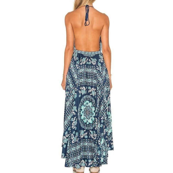 Boho Halter Floral Print Backless Maxi Beach Dress-Bohemian Brunch