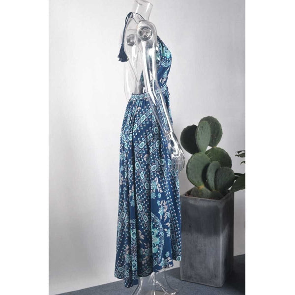 Boho Halter Floral Print Backless Maxi Beach Dress-Bohemian Brunch