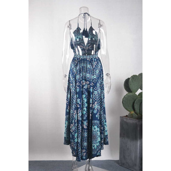 Boho Halter Floral Print Backless Maxi Beach Dress-Bohemian Brunch