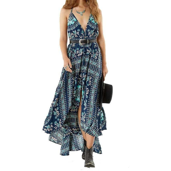 Boho Halter Floral Print Backless Maxi Beach Dress-Bohemian Brunch