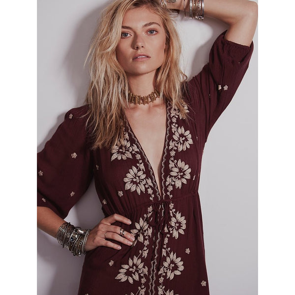 Boho Long Embroidered Hippie Robe-Bohemian Brunch