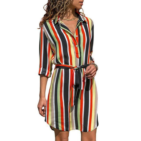 Boho Striped Print A-line Mini Shirt Dress-Bohemian Brunch