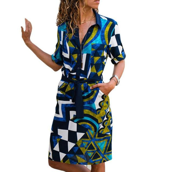 Boho Striped Print A-line Mini Shirt Dress-Bohemian Brunch