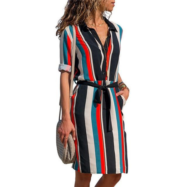 Boho Striped Print A-line Mini Shirt Dress-Bohemian Brunch