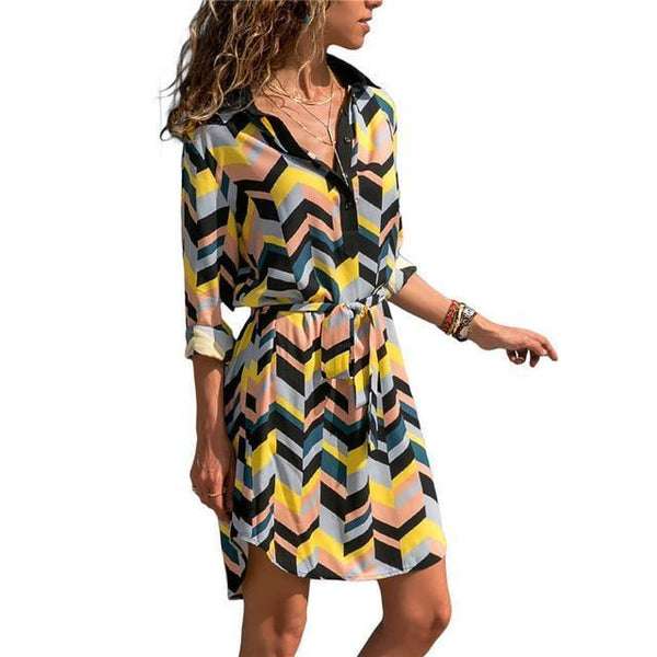 Boho Striped Print A-line Mini Shirt Dress-Bohemian Brunch