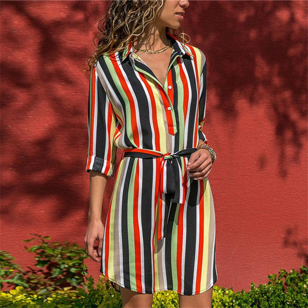 Boho Striped Print A-line Mini Shirt Dress-Bohemian Brunch