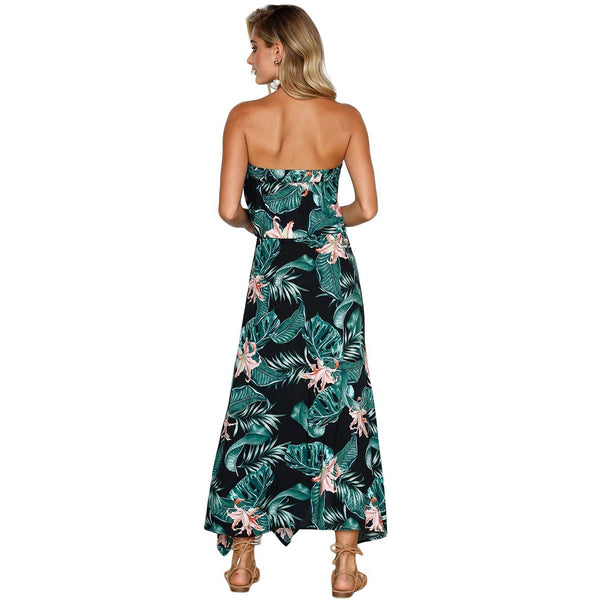 Boho Summer Holiday Green Leaves Print Maxi Dress-Bohemian Brunch