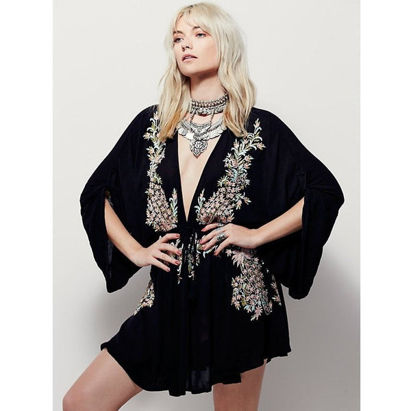 Boho V-neck Drawstring Waist Kaftan Top-Bohemian Brunch