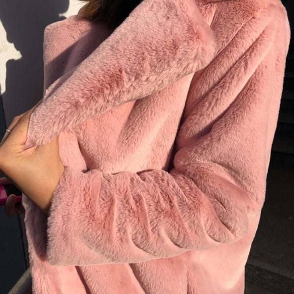 Candy Pink Fake Fur Long OverCoat Jacket Plus Size-Bohemian Brunch