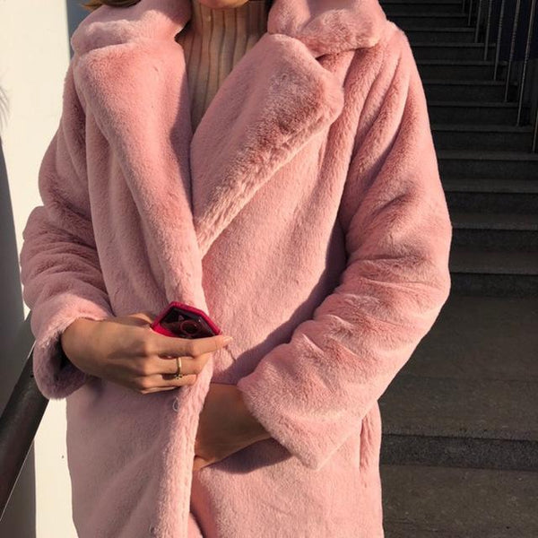 Candy Pink Fake Fur Long OverCoat Jacket Plus Size-Bohemian Brunch